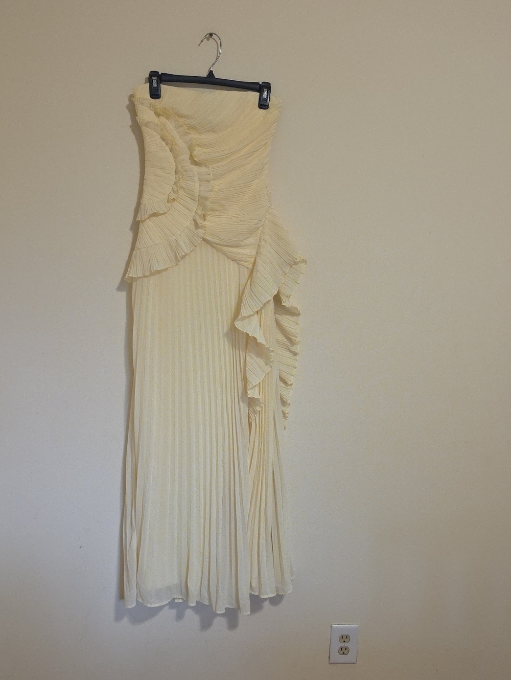 Lulu's Strapless Pleated Cream Ruffle Maxi Dress